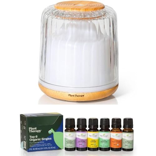 Plant Therapy Serenity Glass Diffuser, Elegant Glass Cover, Intermittent & Continuous Mist & Top 6 USDA Organic Essential Oil Set, Therapeutic Grade 10 mL (1/3 oz)