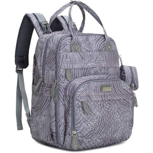 BabbleRoo Diaper Bag Backpack - Baby Essentials Travel Tote - Multi Function Water Resistant Diaper Bag, Travel Essentials Baby Bag with Changing Pad, Stroller Straps & Pacifier Case - Grey Swirls