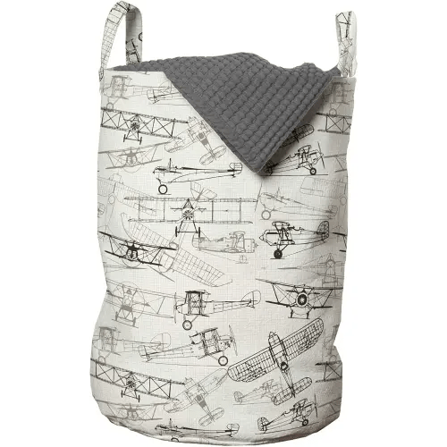 Ambesonne Airplane Laundry Bag, Old Fashioned Transportation Hand Drawn Style Vintage Pattern, Hamper Basket with Handles Drawstring Closure for Laundromats, 13" x 19", Olive Green Tan