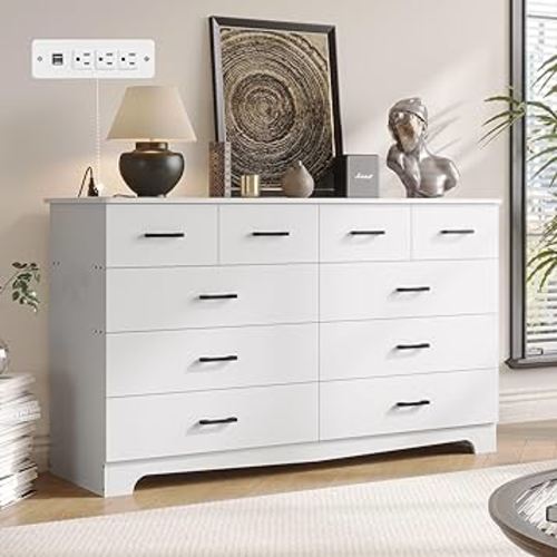 DICTAC White Bedroom Dresser with 10 Drawers, Large Chest of Drawers Storage Organizer, Long Dresser TV Stand with Power Outlets, Wide Dresser for Bedroom, Living Room (55.1" W x 32.3" H x 15.8" D)