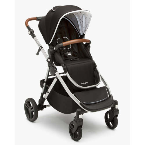 Mockingbird Single-to-Double Stroller | Black, Watercolor Drops, Silver with Penny Leather