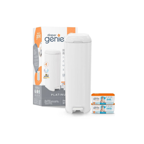Diaper Genie Platinum Pail Gift Set, Lily White, Made of Durable Stainless Steel and Includes 2 Easy Roll Refills with 18 Bags and 30 Bags