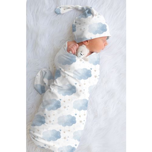Newborn Swaddle Set, Personalized Boho Clouds Baby Blanket, Baby Boy Swaddle Blanket, New Baby Gift, Baby Hospital Outfit, Baby Shower Gift