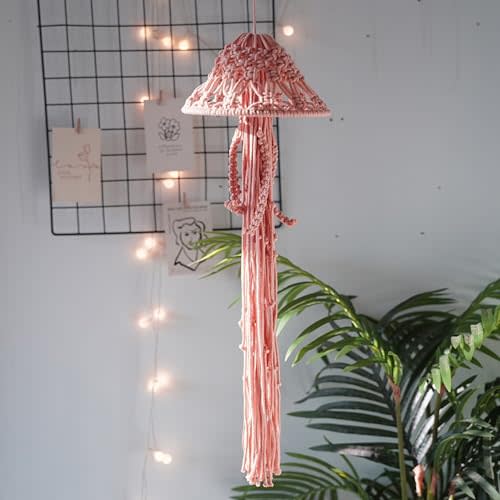 Macrame Wall Hanging,Jellyfish Dream Catcher with Star Lights,Bohemian Woven Wall Art Decor Beautiful Apartment Dorm Room Door Decoration (Pink)
