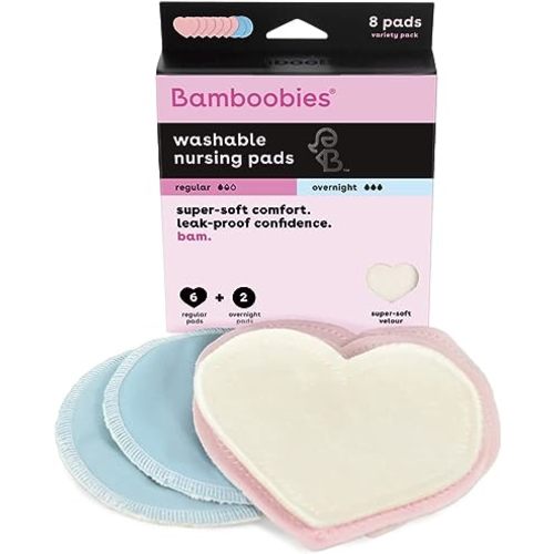 Bamboobies Nursing Pads, Ultra-Soft Velour, Reusable, Washable & Leak-Proof, 6 Regular and 2 Overnight Pads for Breastfeeding