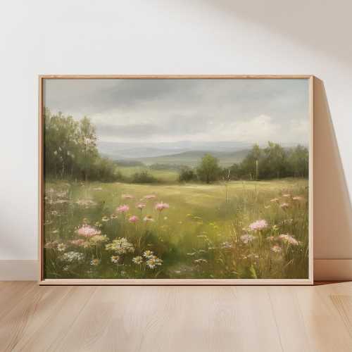 Wildflower Field Oil Painting, Countryside Meadow, Landscape Art, Fine Art Print