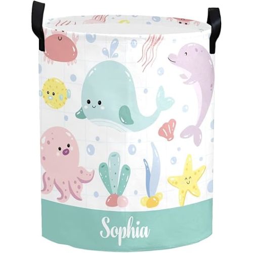 Personalized Laundry Basket Hamper,Cute Ocean Animal,Collapsible Storage Baskets with Handles for Kids Room,Clothes, Nursery Decor
