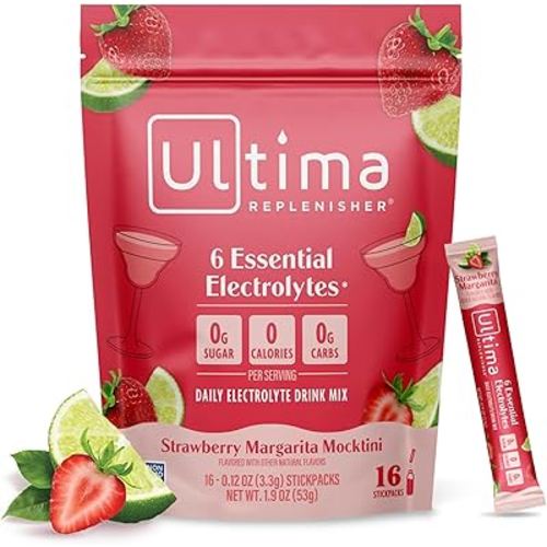 Ultima Replenisher Daily Electrolyte Powder Drink Mix - Sugar Free - Strawberry Margarita, 16 Stickpacks - Hydration Packets with 6 Electrolytes and Trace Minerals - Keto Friendly, Vegan, Non-GMO