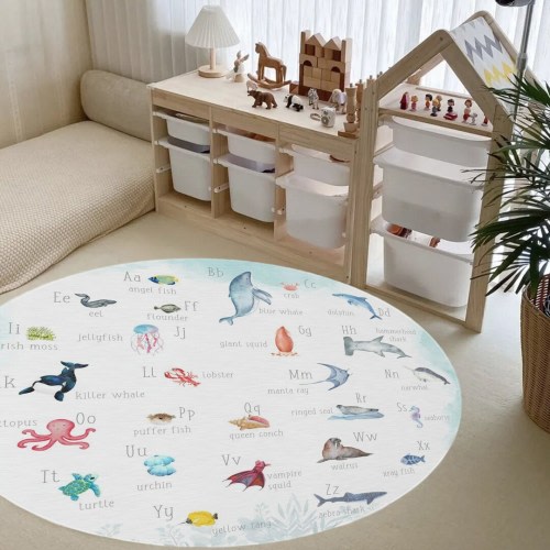 Ocean Animals Nursery Rug, Under the Sea Nursery Alphabet Rug, Round Rug for Nursery or Kids Bedroom, Nautical Nursery Decor, Playroom Rug