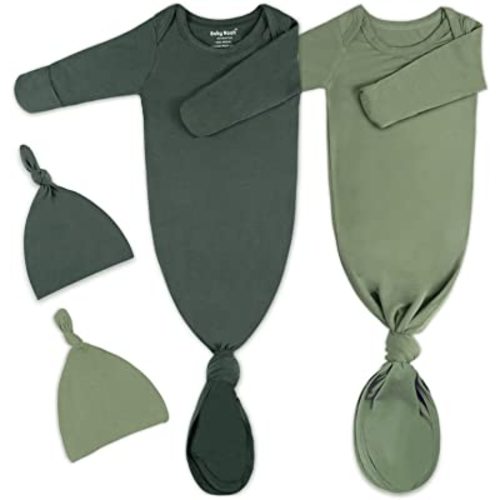 2Pk Newborn Baby Knotted Gown, Super Soft Silky Infant Long Sleeve Sleeper for Baby Sleeping with Hat or Headband (2 Packs)