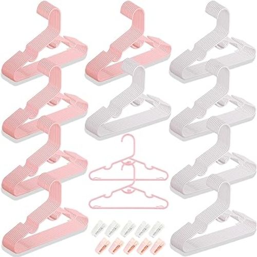Anti-Slip Plastic Baby Hangers, 100-Pack, White + Light Pink, Ideal for Closet Organization, Space-Saving, Stackable Design, Non-slip Grooves Hold Clothes Securely