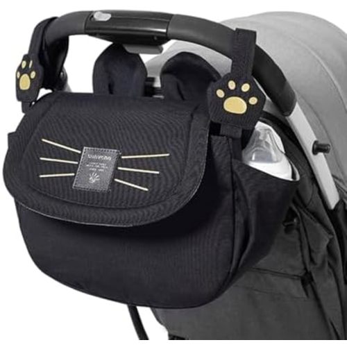 SUNVENO Universal Stroller Organizer with Cup Holder and Shoulder Strap, Cute Cartoon Cat Design, Diaper Bag with Multiple Inner Pockets, Fits Uppababy, Baby Jogger, Britax & Pet Strollers,Black