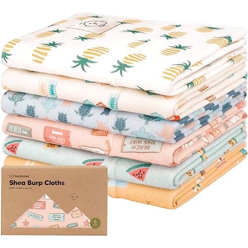 Organic Burp Cloths Baby Boy, Girl - 6-Pack Large Cotton Burping Cloths for Babies, Spit Up Rags, Super Absorbent, Ultra Soft Newborn Cloth Rag, Gender Neutral, Machine Washable, Durable (Beach Day)