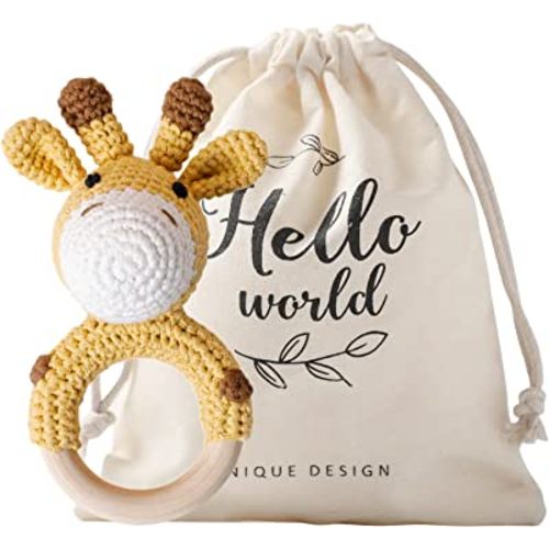Wooden Baby Rattle Lovely Crochet Giraffe Ring Rattle, Newborn Animal Rattle Toys, Baby Toys for Baby and Infant