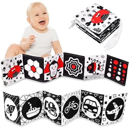 Vicloon Black and White Baby Toys, High Contrast Baby Book for Newborn 0-3 3-6 Months, Infant Tummy Time Toys, Early Education Sensory Toys, Visual Stimulation Folding Cloth Book for Boys Girls