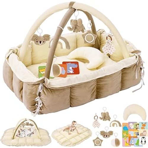 5-in-1 Plush Baby Play Gym, Baby Play Mats, Convertible Baby Gym with Pillow, Tummy time mat, Baby&Ped Bed, 6 Sensory Toys, Baby Activity Center from Newborn to Toddler, Cat&Dog Bed, Ball Pit, Cream