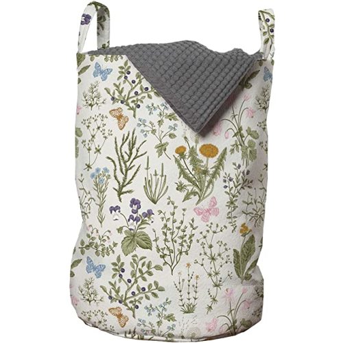 Ambesonne Floral Laundry Bag, A Vintage Garden and Plants Herbs Flowers Botanical Classic Design, Hamper Basket with Handles Drawstring Closure Organizer for Laundromats, 13" x 19", Reseda Green Beige