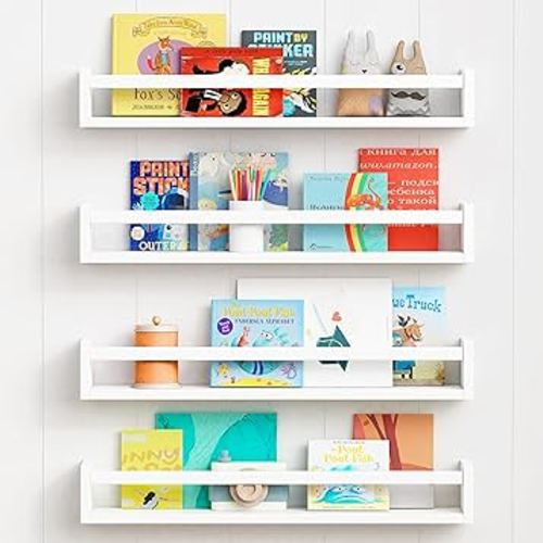 Forbena 24 Inch Wall Bookshelf for Kids Bedroom Set of 4, White Floating Nursery Book Shelves for Baby Toddler Children Girls Boys Room Decor, Large Wood Wall Mount Bookshelves and Toy Storage