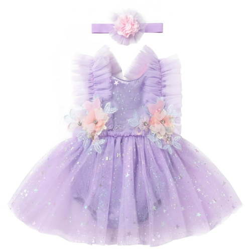 IDOPIP Baby Girl 1st Birthday Outfit Stars Floral Tulle Boho Romper Dress with Headband Cake Smash