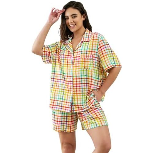 Womens Viscose Shorts Pajamas Set Button Down 2 Piece Pjs Short Sleeve Oversized Sleepwear with Pockets