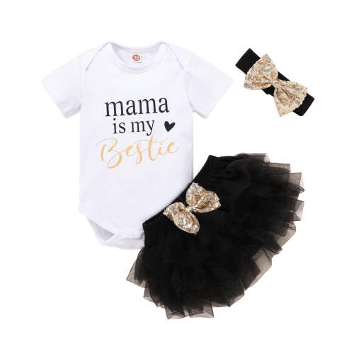Fesfesfes Baby Bodysuit Toddler Girls Letter Print Short Sleeve Romper Black Net Yarn Culottes Headdress Infant Onesie