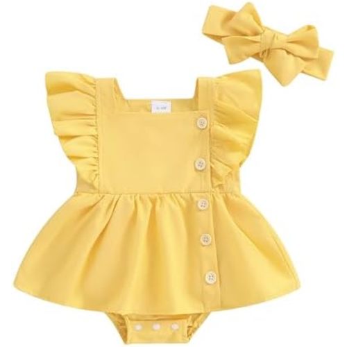 Madjtlqy Toddler Baby Girl Summer Clothes Ruffled Sleeves Solid Color Flower Romper Dress Newborn Outfits with Headband