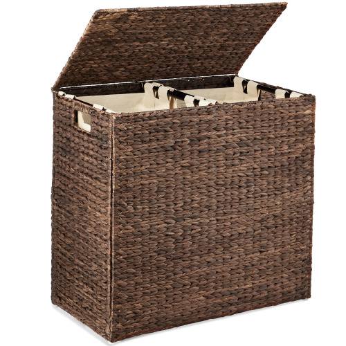 Large Natural Water Hyacinth Double Laundry Hamper Basket w/ 2 Liner Bags Handles - Espresso