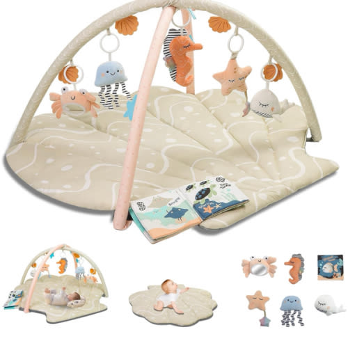 Baby Play Mat, Oversize Shell Tummy Time Mat with 6 Detachable Baby Activity Toys, Baby Gyms & Playmats for Babies 0-6 Months, Baby Mat for Floor Newborn Baby Shower Gifts (Beige)