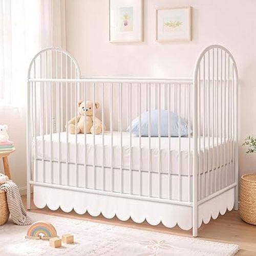 White Scalloped Edge Crib Skirt 28"x 52" with 14" Drop Pleated Dust Ruffle with Split Corners for Baby Boys Girls, Soft 4-Sided Crib Bed Skirt Nursery Standard Toddler Bedding