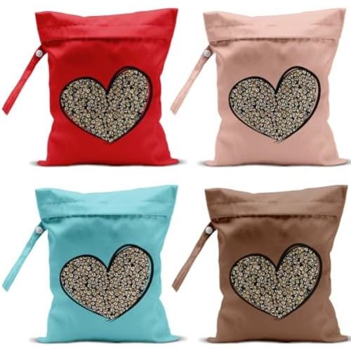 4 Pack Leopard Heart Cute Leopard Wet Bag Waterproof Reusable Wet Dry Bag for Swimsuit Clothes Cloth Diaper Travel Pool Yoga Toiletries Travel Cruises Valentine Day Birthday Camping Beach Essentials