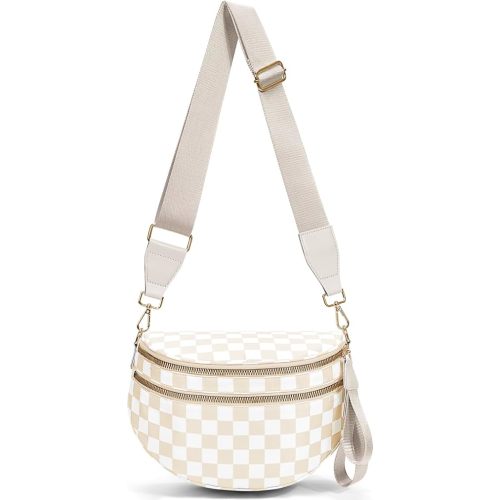 hibear Checkered Crossbody Bag Spacious Bum Bags for Women Nylon Crossbody Fanny Packs Checkered Purse Belt Wallet