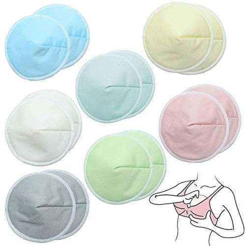 Organic Bamboo Nursing Breast Pads - 14 Washable Pads + Wash Bag - Breastfeeding Nipple Pad for Maternity - Reusable Nipplecovers for Breast Feeding (Pastel Touch, Large 4.7")