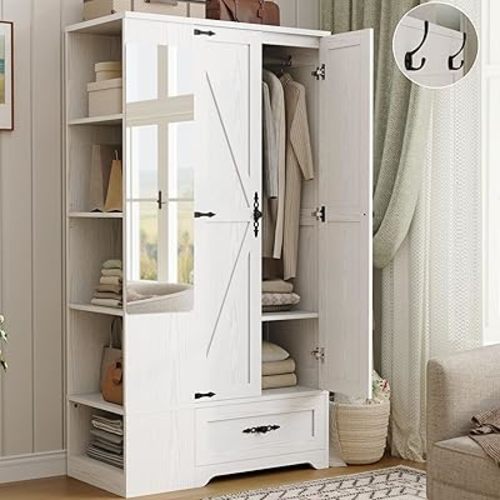 ANCTOR Armoire Wardrobe Closet with Mirror, 70" H Wooden Bedroom Armoires and Wardrobes with 2 Doors, 5 Shelves，Hooks and Drawer, Clothing Storage Cabinet with Hanging Rod, White