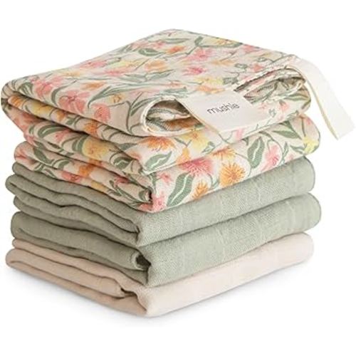 mushie Muslin Organic Cotton Washcloths 5-Pack (Pastel Blooms Combo) | Soft Wipes for Baby Cleanups and Bathing