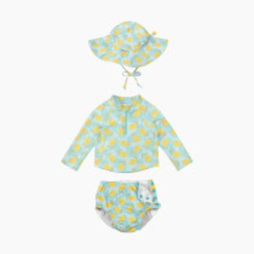 GREEN SPROUTS UPF 50+ Snap Swim Diaper & Rashguard Set with Hat - Aqua Dot Lemons, 0-6 Months