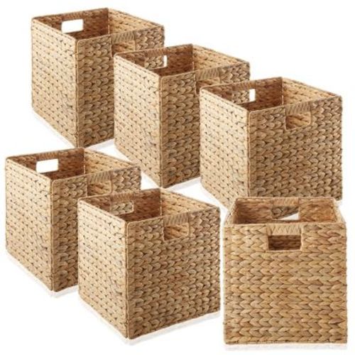 Casafield 12" X 12" Water Hyacinth Storage Baskets, Natural - Set Of 6 Collapsible Cubes, Woven Bin Organizers For Bathroom, Bedroom, Laundry, Pantry