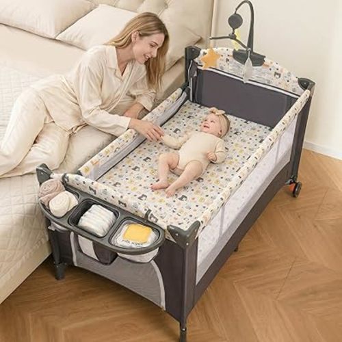 INFANS Pack and Play, 5 in 1 Baby Bedside Sleeper with Bassinet, Diaper Changer, Mattress, Carry Bag, Music Box Hanging Toys, Foldable Bedside Crib, Portable Playard for Newborn Toddlers (Bear)