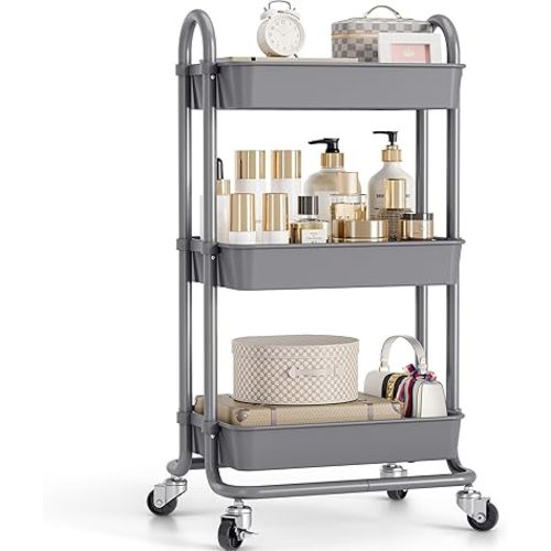 TOOLF 3-Tier Rolling Utility Cart with Lockable Wheels, Storage Trolley with Handles and Mesh Baskets – Versatile Organizer for Kitchen, Bathroom, Living Room, and Office (Light Grey)