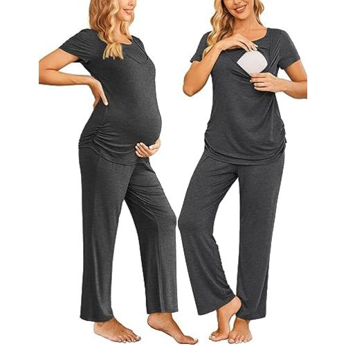 Ekouaer Women Maternity Nursing Pajama Set Breastfeeding Sleepwear Set Short Sleeve Top & Pants Postpartum Pajamas