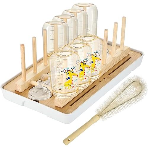 Baby Bottle Drying Rack Foldable Vertical Bamboo Milk Bottle and Accessories Organizer Space Saving Bottle Drying Rack Maximizes Space, Quick Drying, Easy Cleanup & Storage