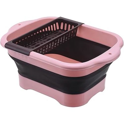 2.77 Gallon (10.5L) Collapsible Dish Basin with Drain Plug, Outdoor Multiuse Foldable Sink Tub, Dishpan, Wash Basin, Portable Kitchen Storage Tray for Camping, RV, Beverage Bucket (Pink)