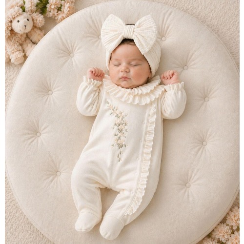 Organic Cotton Baby Romper: Floral Embroidery, Ruffle Details, Matching Bonnet