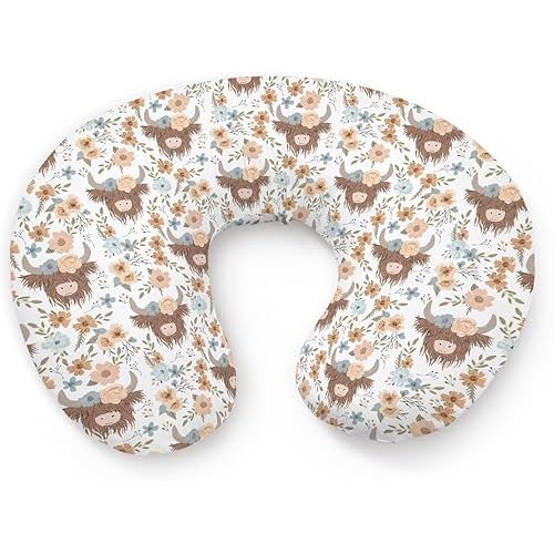 Highland Cow Flowers Floral Pattern Nursing Pillow Cover, Unisex Western Farm Cow Removable Breastfeeding Pillowcase Slipcover for Baby Girls Boys Newborns Toddlers, Cover Only