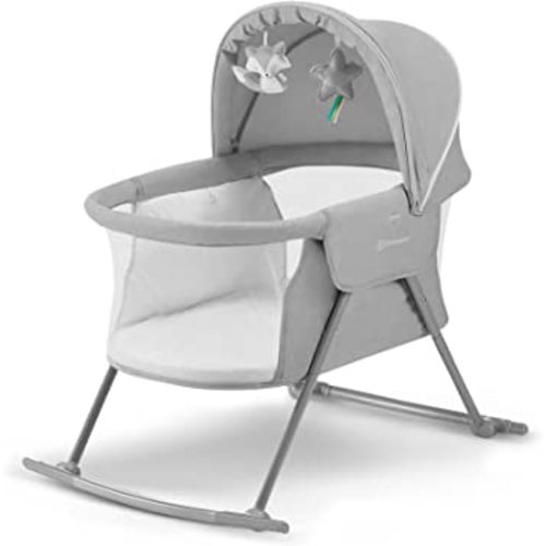 Kinderkraft LOVI Travel Bassinet for Baby, Portable Folding Baby Bed with Built-in Mosquito net, Adjustable Hood and an Additional Cradle Function, Grey