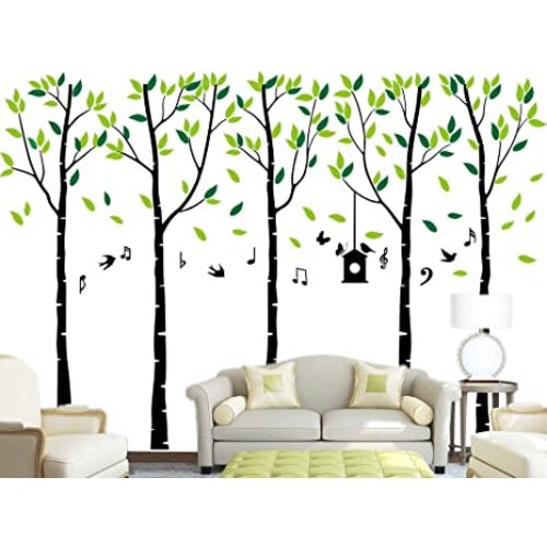 Family Trees with Birds and Music Notations Wall Decals Quote Home Decor Art Quote Wall Stickers Living Room Decoration (6’H x 9’W)