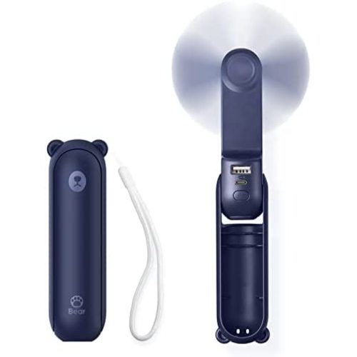 JISULIFE 3 IN 1 Handheld Fan, Mini Hand Fan, Portable Small Pocket Fan, USB Rechargeable Fan [14-21 Working Hours] with Power Bank, Flashlight Feature for Eyelash, Makeup, Outdoor-Dark Blue