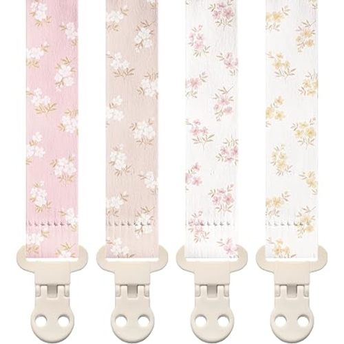 Stadela Baby Fabric Pacifier Clip Holder, Plastic Clip, 4‑Pack, Wildflower Pattern, Heather Set