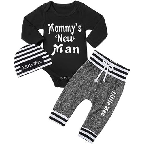 Fommy Newborn Baby Boy Clothes New to The Crew Letter Print Romper+ Pants+Hat 3PCS Outfit