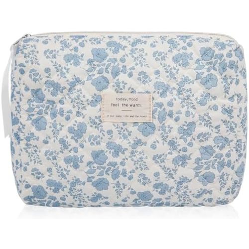 Floral Makeup Bag, Large Cosmetic Bag for Women Girls, Cute Cotton Make up Pouch, Quilted Makeup Bags, Flower Travel Toiletry Organizer Bag(Blue Floral)