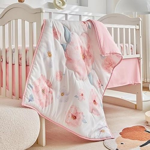 DuShow 3 Pieces Crib Bedding Set for Girls,Pink Floral Crib Comforter Set,Soft Crib Bed Set Decor,Include Quilted Comforter,Fitted Sheet and Bed Skirt -Floral